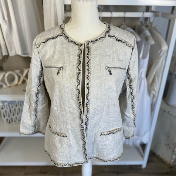 Chico's Women's Size 2 Medium Gray Linen Zip Up Jacket w/ Snake Print Trim #3422 - Picture 1 of 9